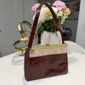 Inge Christopher Vintage Croc Embossed Top Handle Bag Brown Retro Handbag